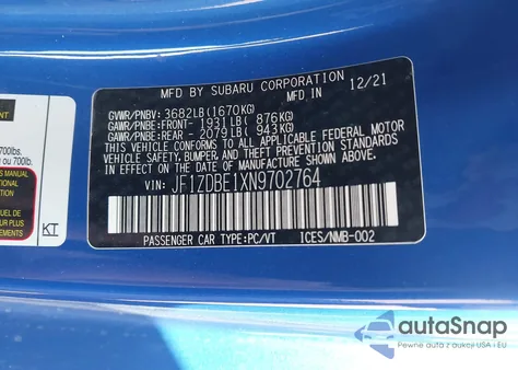 2022 Subaru Brz Limited from USA, damaged, VIN JF1ZDBE1XN9702764